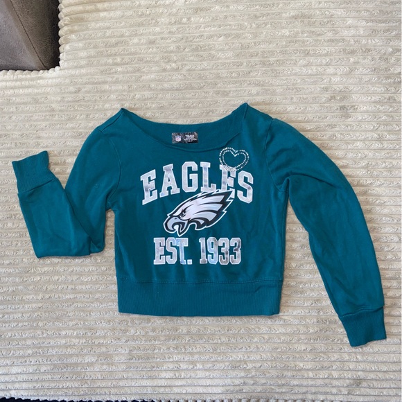 Vintage NFL Eagles Crewneck Sweatshirt - Teal, Bling Detail, Size 6/7 (Youth)🦅💚🖤 - Picture 1 of 6